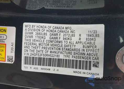 2024 Honda Civic Sport z USA, uszkodzony, nr VIN 2HGFE2F50RH522180